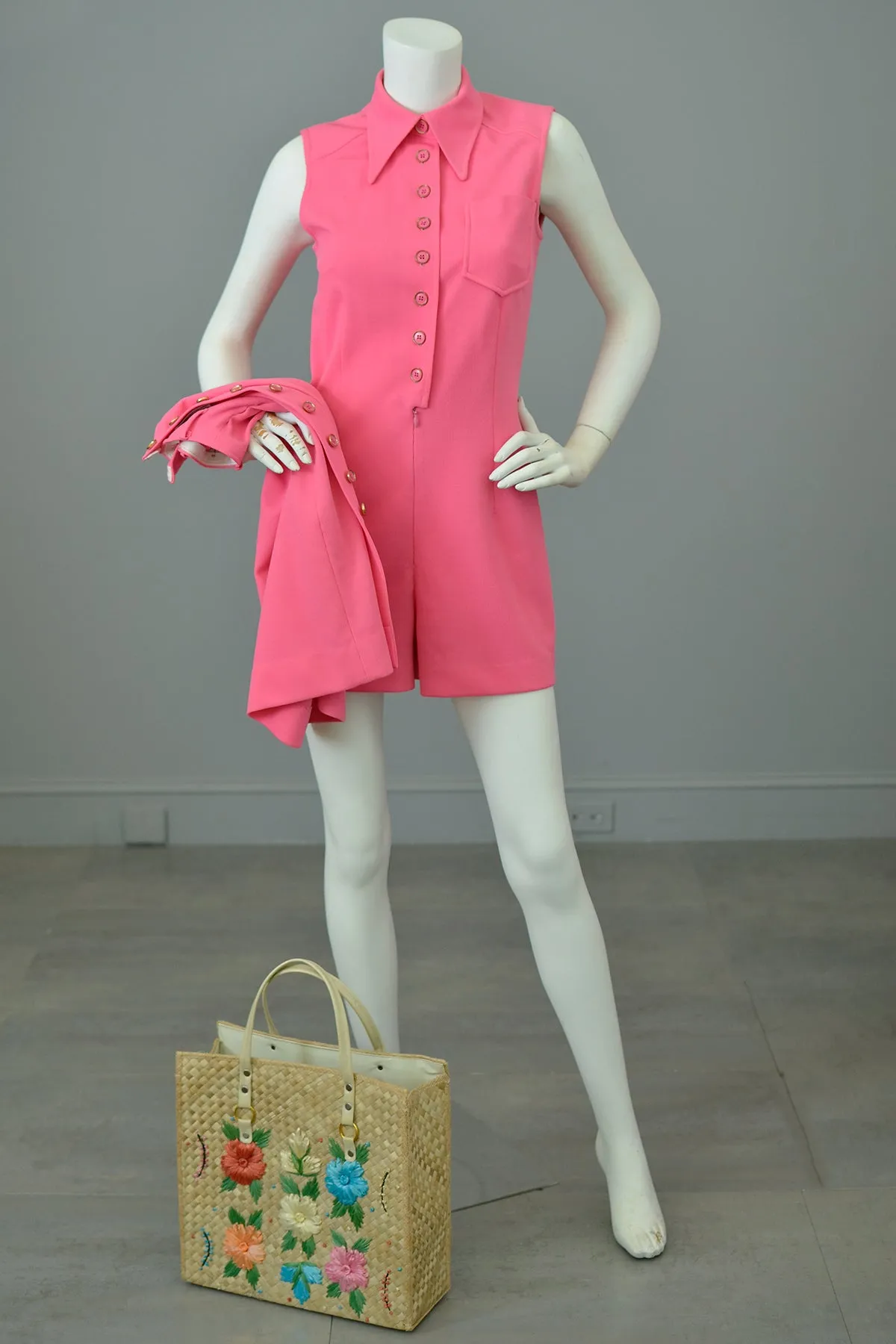 1970s Barbie Hot Pink Romper and Matching Skirt Two Piece Set