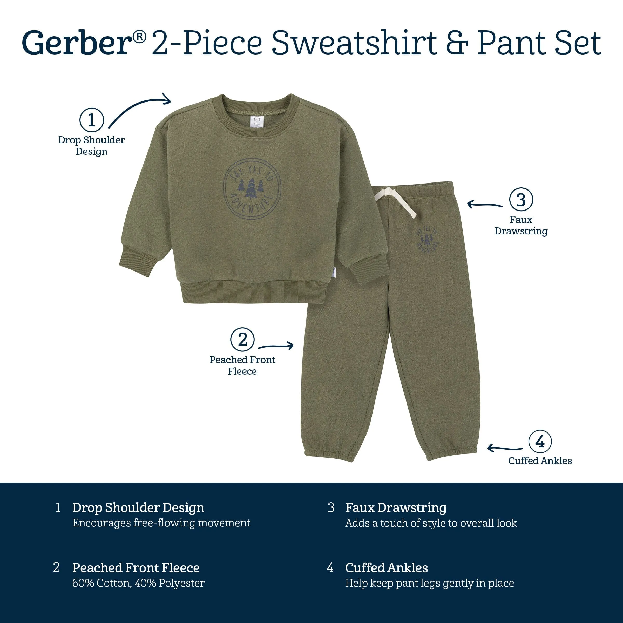 2-Piece Baby & Toddler Boys Olive Adventure Sweatshirt & Pant Set