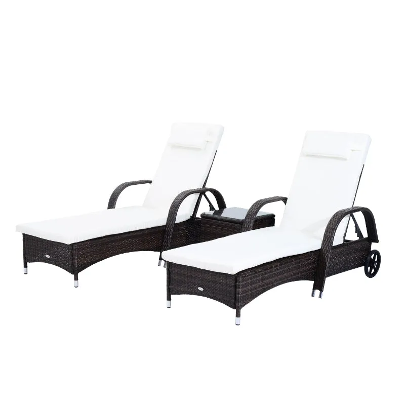 3pc Wheeled Patio Rattan Chaise Lounge Set - Brown and White