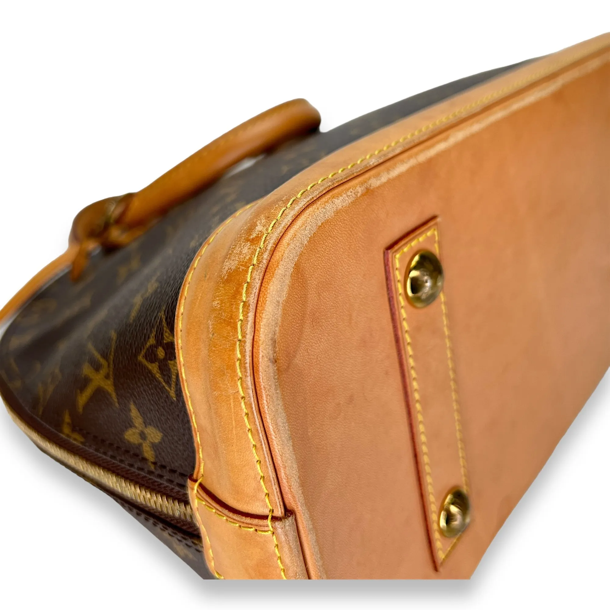 Alma PM Brown Top Handle Bag in Monogram Coated Canvas, Gold hardware