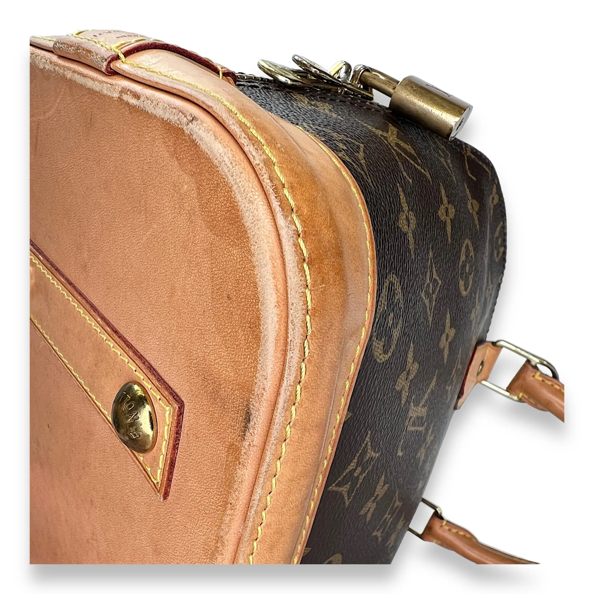 Alma PM Brown Top Handle Bag in Monogram Coated Canvas, Gold hardware