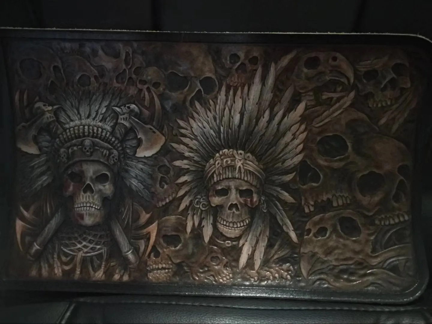 Badass Black Leather Men's Indian Chief Skull Biker Wallet Handmade Tooled Zipper Long Wallets For Men