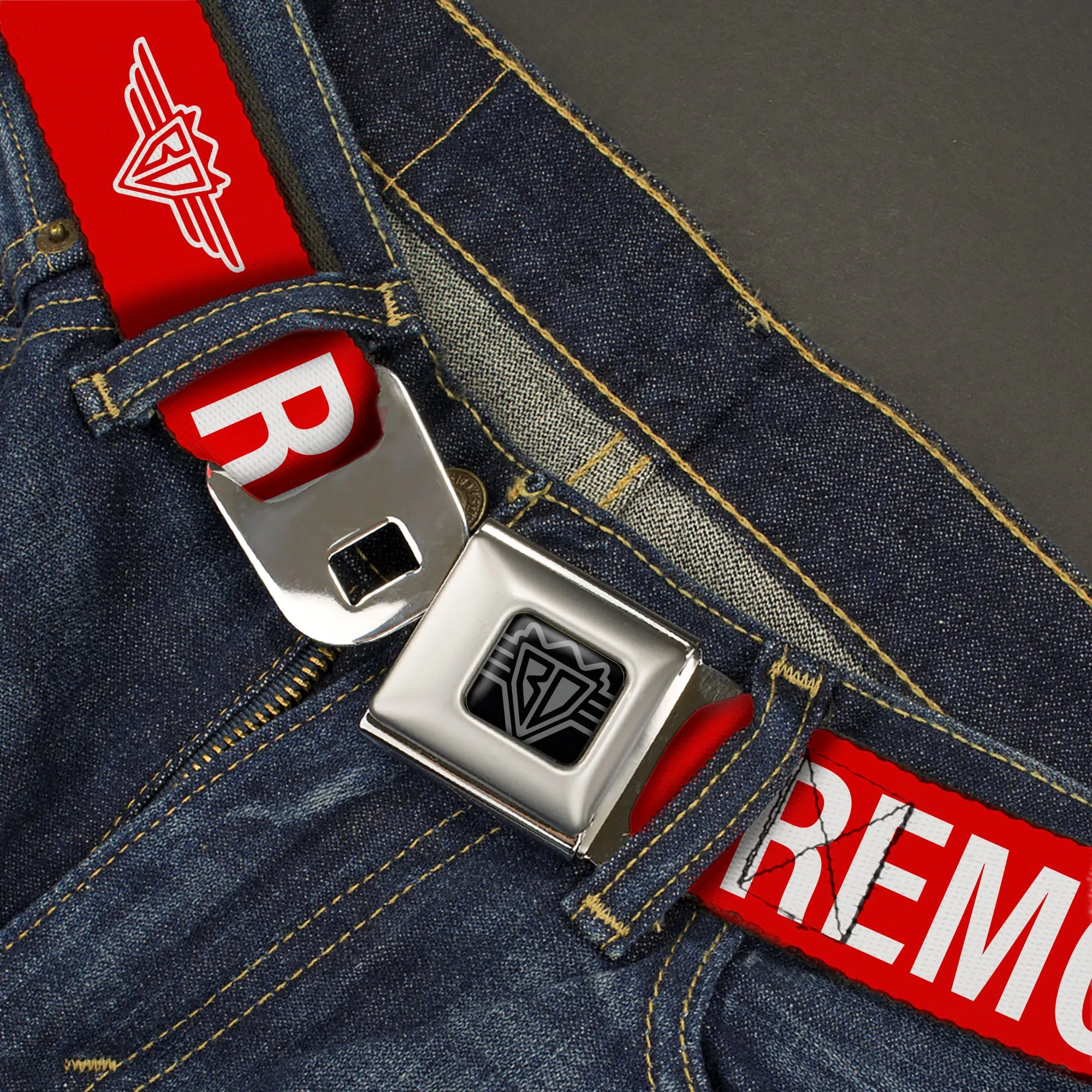 BD Wings Logo CLOSE-UP Black/Silver Seatbelt Belt - Buckle-Down REMOVE BEFORE FLIGHT Red/White Webbing