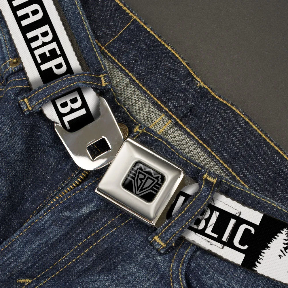 BD Wings Logo CLOSE-UP Black/Silver Seatbelt Belt - CALIFORNIA REPUBLIC/Bear/Stars Silhouette Black/White Webbing