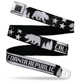 BD Wings Logo CLOSE-UP Black/Silver Seatbelt Belt - CALIFORNIA REPUBLIC/Bear/Stars Silhouette Black/White Webbing