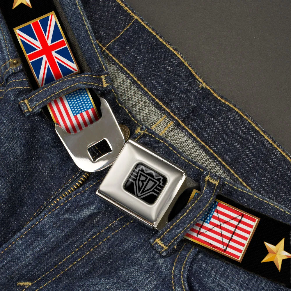 BD Wings Logo CLOSE-UP Black/Silver Seatbelt Belt - CHAMPION Belt/Flags/Stars Black/Golds Webbing