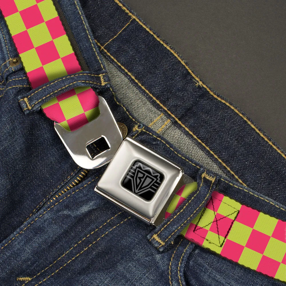 BD Wings Logo CLOSE-UP Black/Silver Seatbelt Belt - Checker Fluorescent Pink/Yellow Webbing