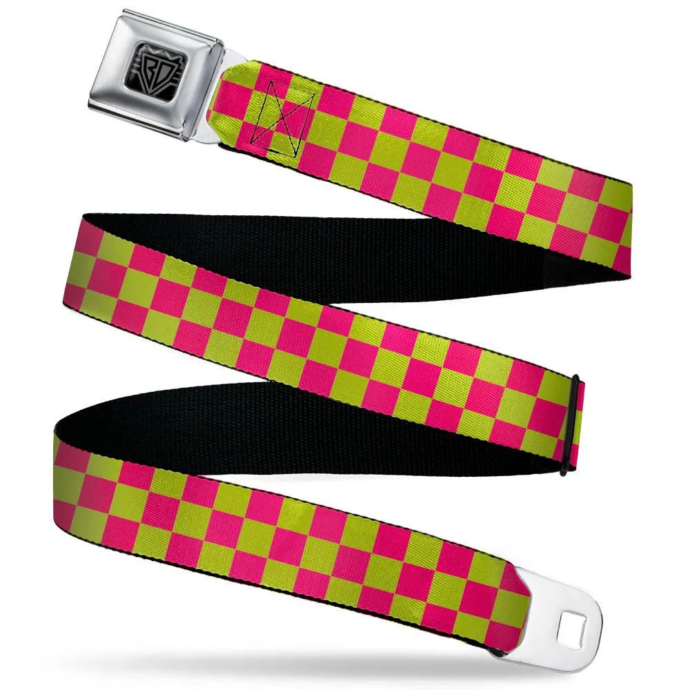 BD Wings Logo CLOSE-UP Black/Silver Seatbelt Belt - Checker Fluorescent Pink/Yellow Webbing