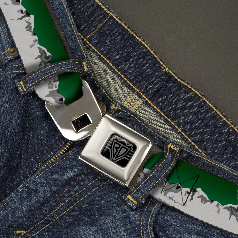 BD Wings Logo CLOSE-UP Black/Silver Seatbelt Belt - Colorado Mountains Green/Grays Webbing