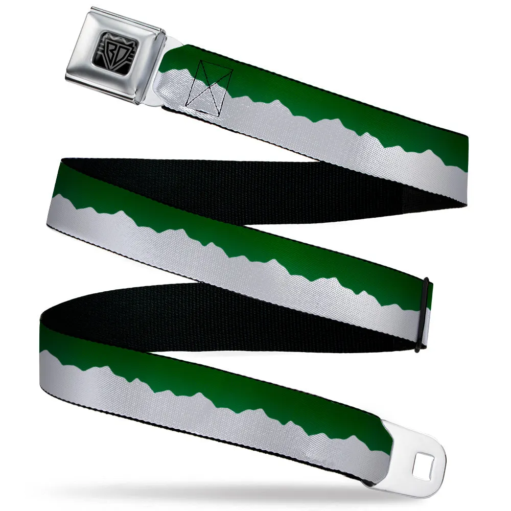 BD Wings Logo CLOSE-UP Black/Silver Seatbelt Belt - Colorado Solid Mountains Green/White Webbing