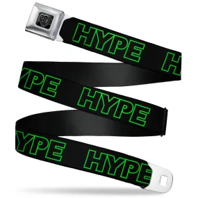 BD Wings Logo CLOSE-UP Black/Silver Seatbelt Belt - HYPE Outline Black/Neon Green Webbing