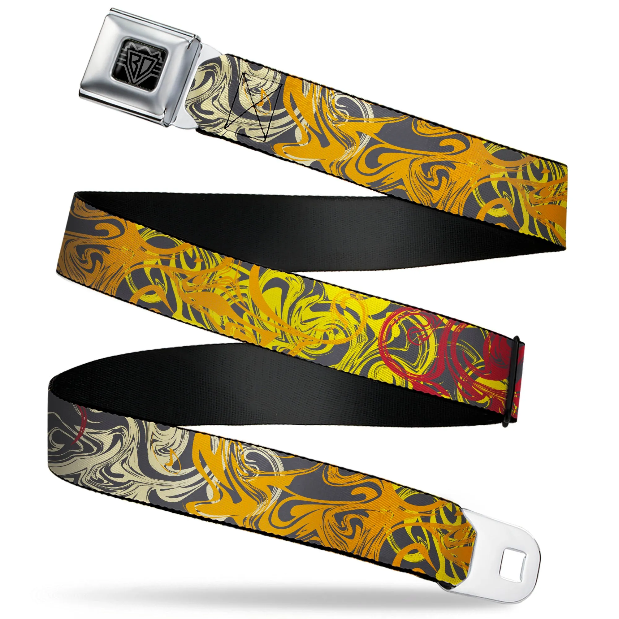 BD Wings Logo CLOSE-UP Black/Silver Seatbelt Belt - Swirl Mix Gray/Multi Color Webbing