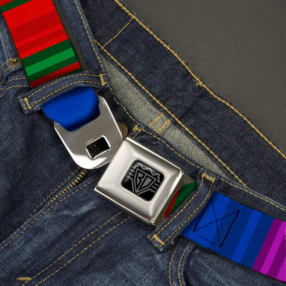 BD Wings Logo CLOSE-UP Black/Silver Seatbelt Belt - Zarape8 Vertical Multi Color Stripe Webbing