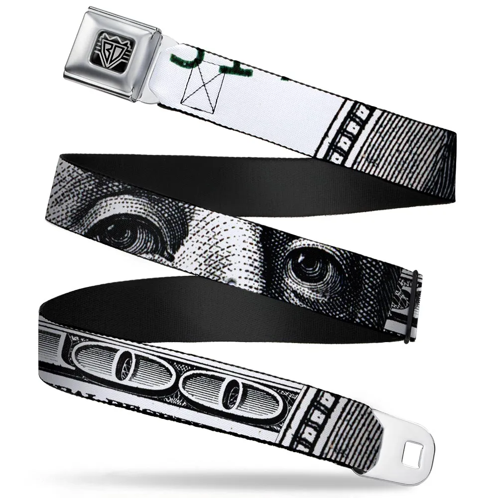 BD Wings Logo CLOSE-UP Full Color Black Silver Seatbelt Belt - 100 Dollar Bill CLOSE-UP White/Black Webbing