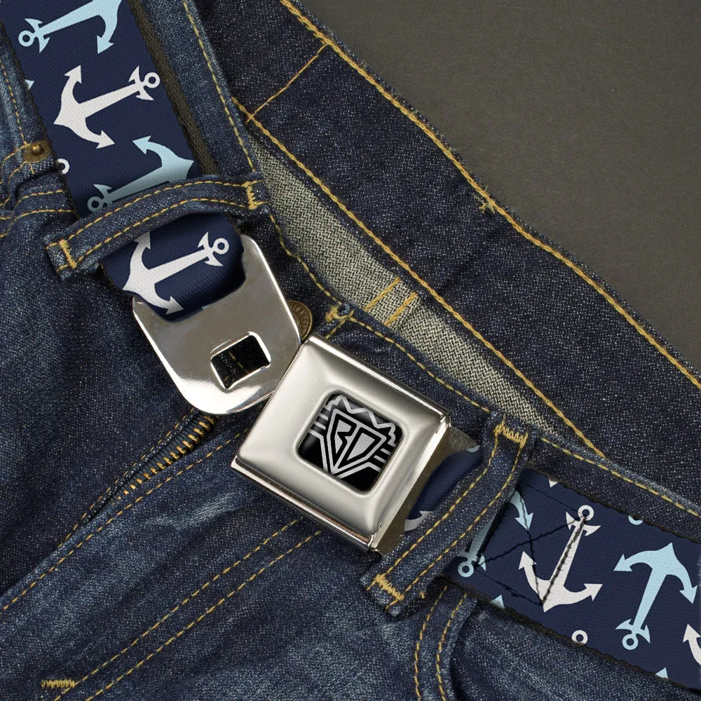 BD Wings Logo CLOSE-UP Full Color Black Silver Seatbelt Belt - Anchor2 Flip CLOSE-UP Navy/Baby Blue/White Webbing