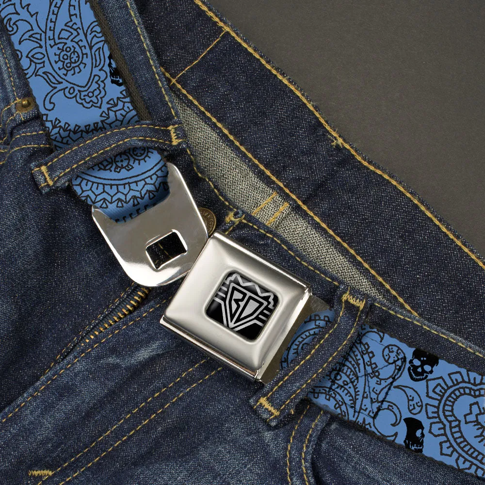 BD Wings Logo CLOSE-UP Full Color Black Silver Seatbelt Belt - Bandana/Skulls Baby Blue/Black Webbing