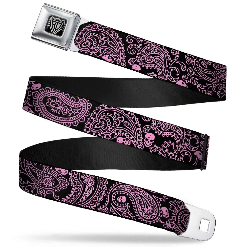 BD Wings Logo CLOSE-UP Full Color Black Silver Seatbelt Belt - Bandana/Skulls Black/Pink Webbing