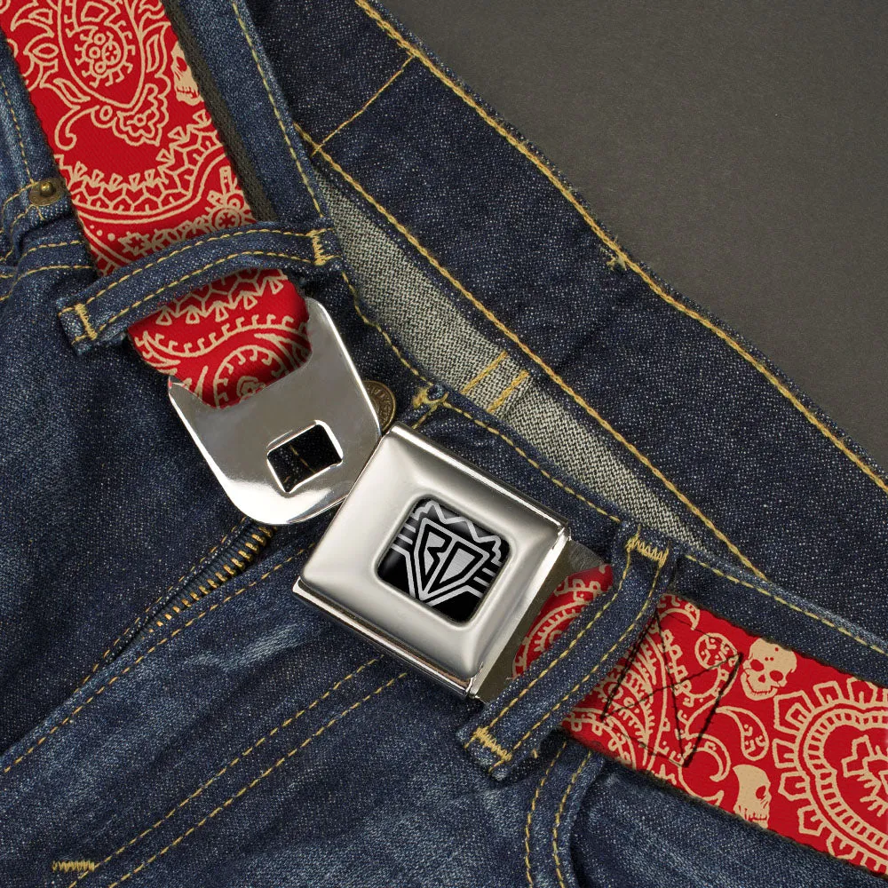 BD Wings Logo CLOSE-UP Full Color Black Silver Seatbelt Belt - Bandana/Skulls Scarlet Red/Gold Webbing