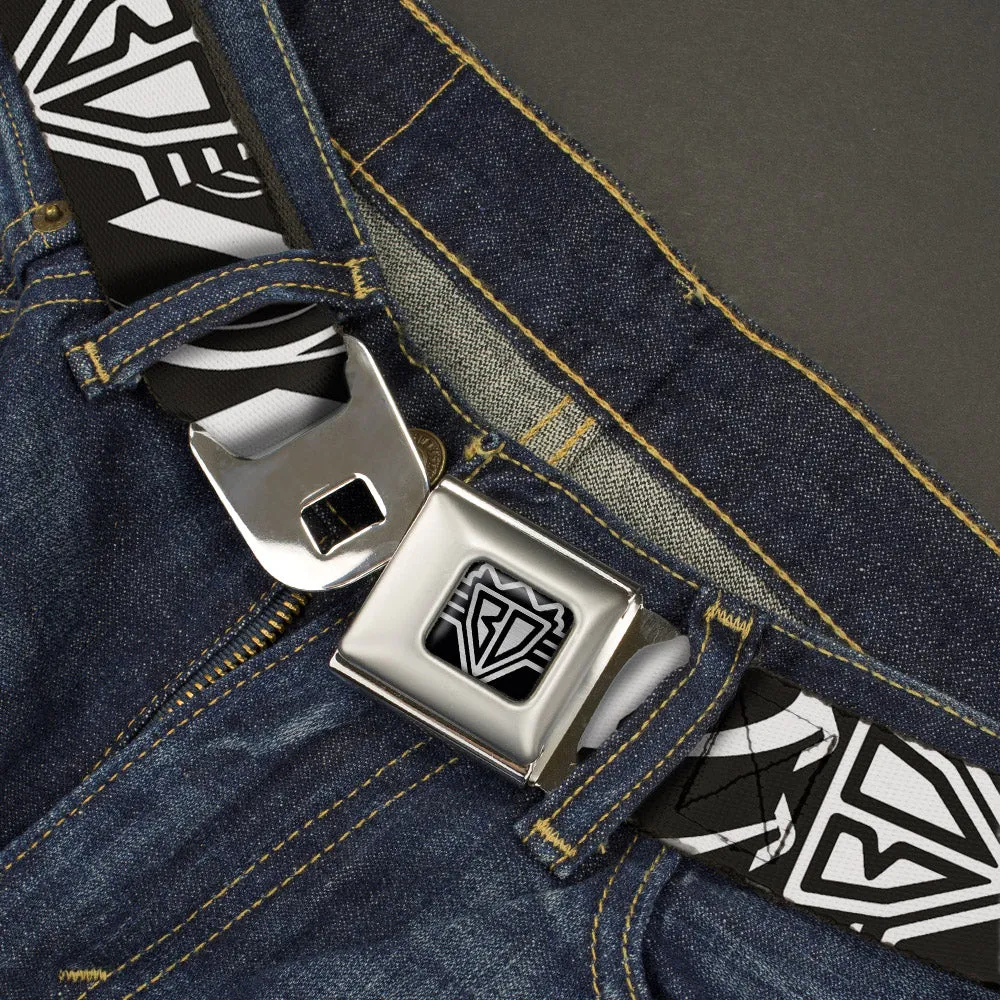 BD Wings Logo CLOSE-UP Full Color Black Silver Seatbelt Belt - BD Logo/BUCKLE-DOWN Script Black/White Webbing