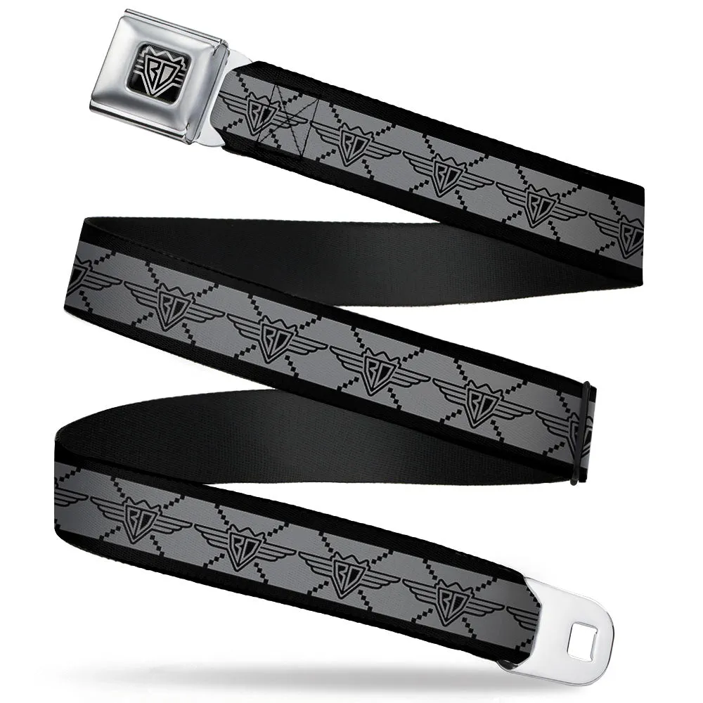 BD Wings Logo CLOSE-UP Full Color Black Silver Seatbelt Belt - BD Monogram2 Gray/Black Webbing