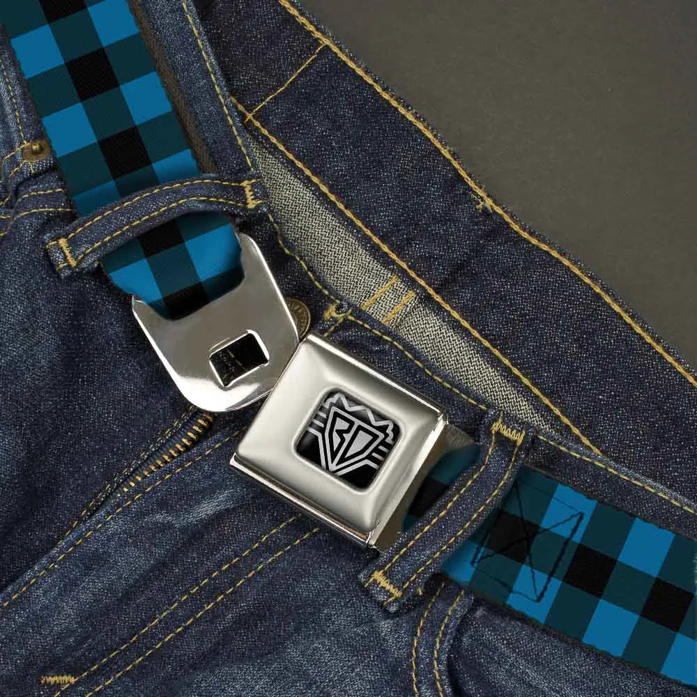 BD Wings Logo CLOSE-UP Full Color Black Silver Seatbelt Belt - Buffalo Plaid Black/Turquoise Webbing