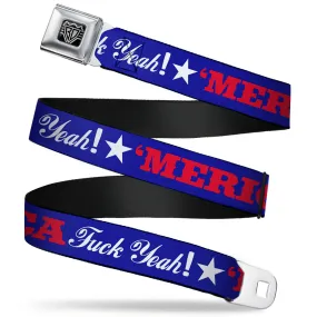 BD Wings Logo CLOSE-UP Full Color Black Silver Seatbelt Belt - 'MERICA FUCK YEAH!/Star Blue/Red/White Webbing