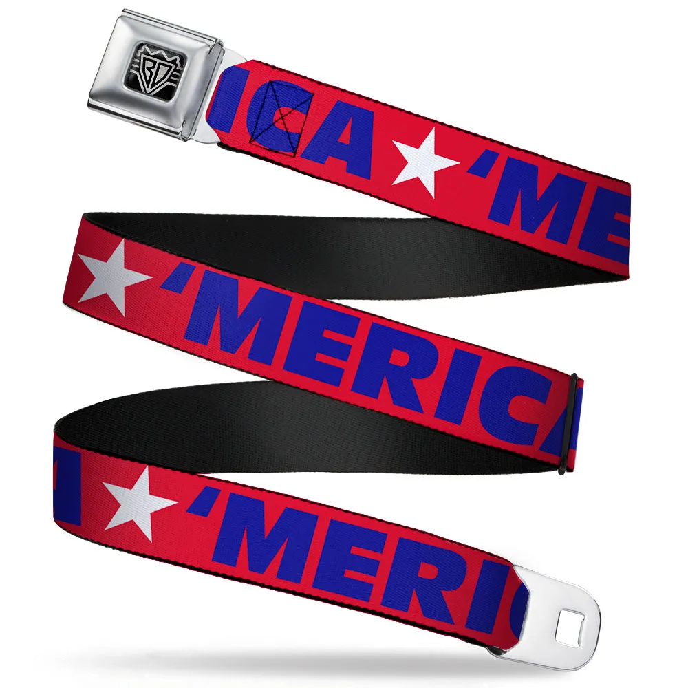 BD Wings Logo CLOSE-UP Full Color Black Silver Seatbelt Belt - 'MERICA/Star Red/Blue/White Webbing