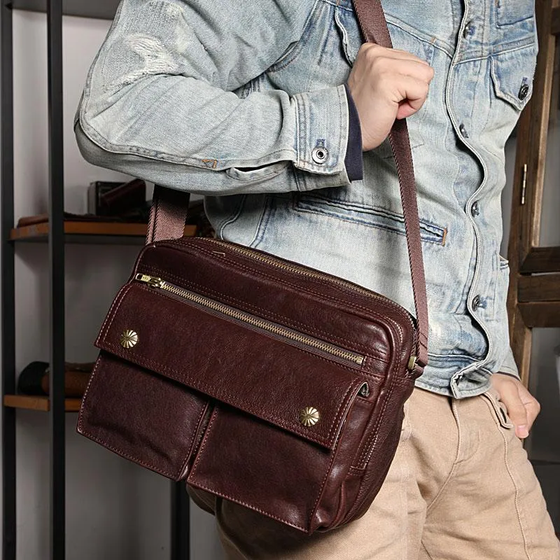 Black Genuine Leather Mens Cool Small Side Bag Messenger Bag Black Courier Bag for Men