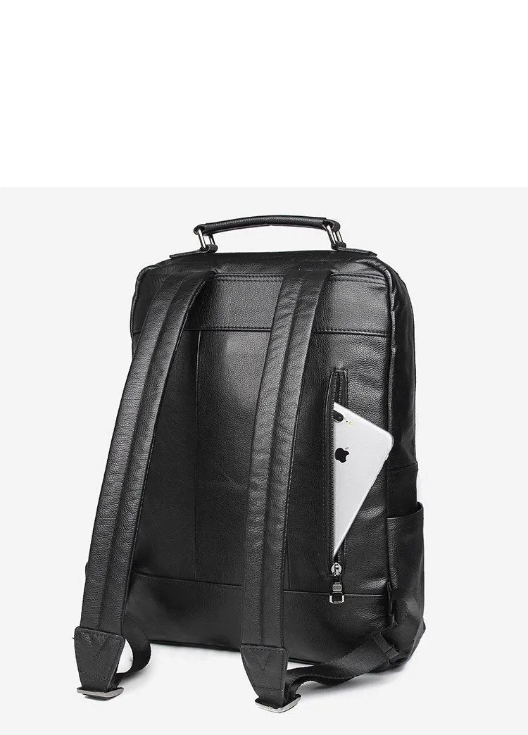 Black Leather Men's 14 inches Large Computer Backpack Black Large Travel Backpack Black Large College Backpack For Men