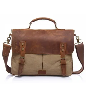 Cowhide Leather and Canvas Bag Men Messenger Bag, Satchel Briefcase Vintage Crossbody Bag Shoulder Bag Women Laptop Bag Gifts For Him