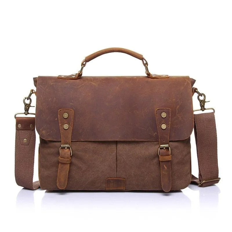 Cowhide Leather and Canvas Bag Men Messenger Bag, Satchel Briefcase Vintage Crossbody Bag Shoulder Bag Women Laptop Bag Gifts For Him