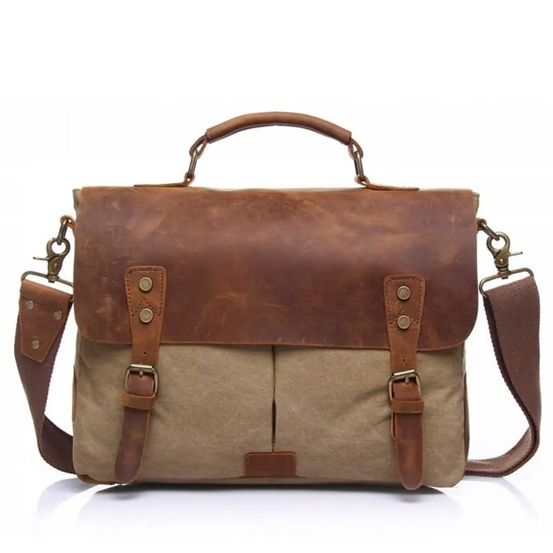 Cowhide Leather and Canvas Bag Men Messenger Bag, Satchel Briefcase Vintage Crossbody Bag Shoulder Bag Women Laptop Bag Gifts For Him