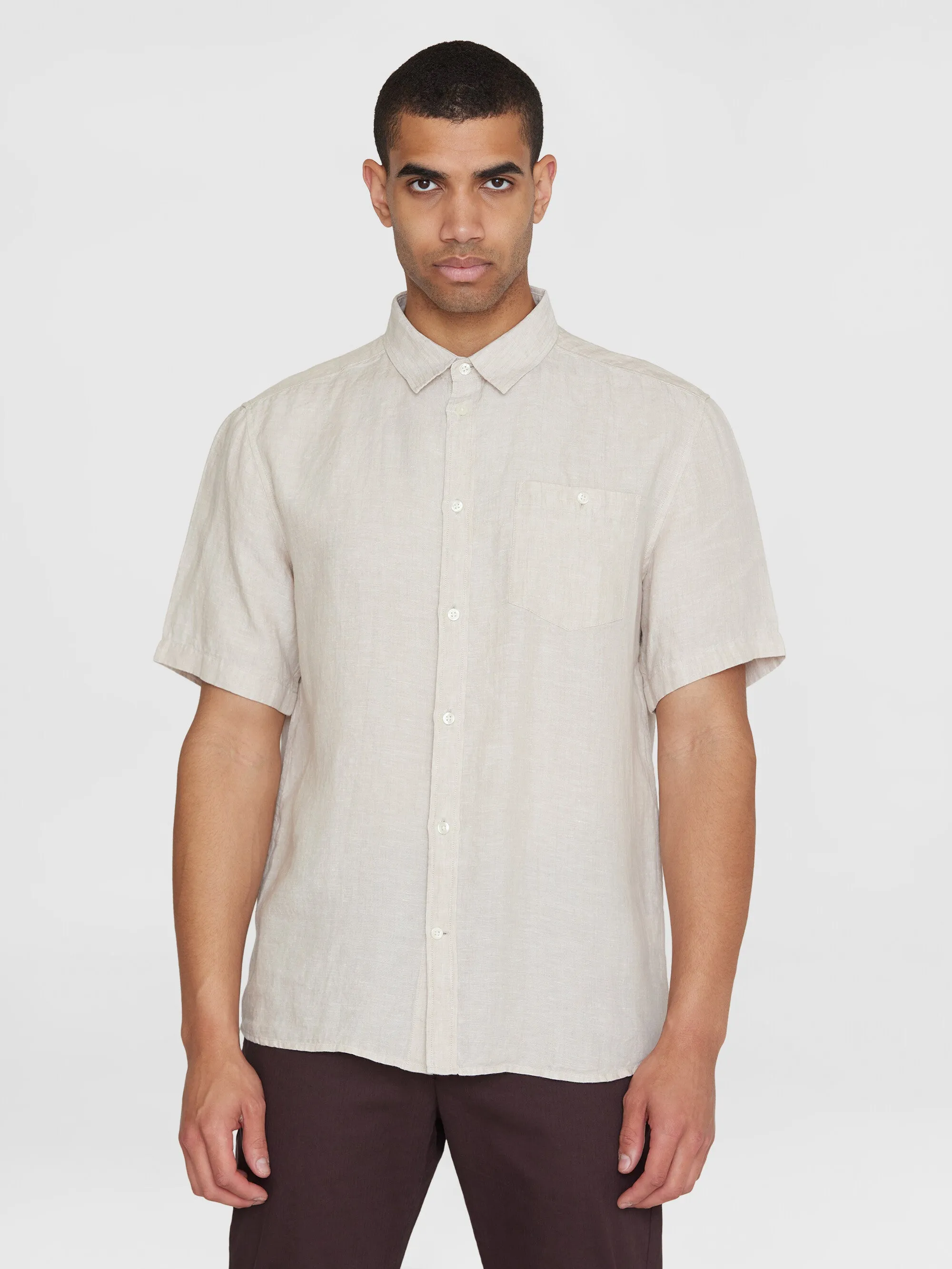 Custom fit linen short sleeve shirt - Yarndyed - Light feather gray