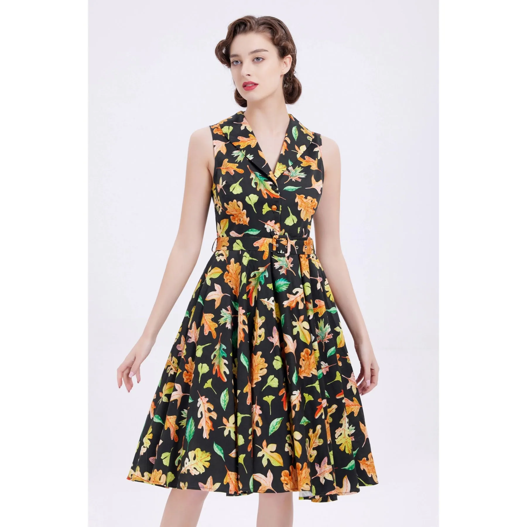 Dark Green Leaf Print Jani Dress by Miss Lulo