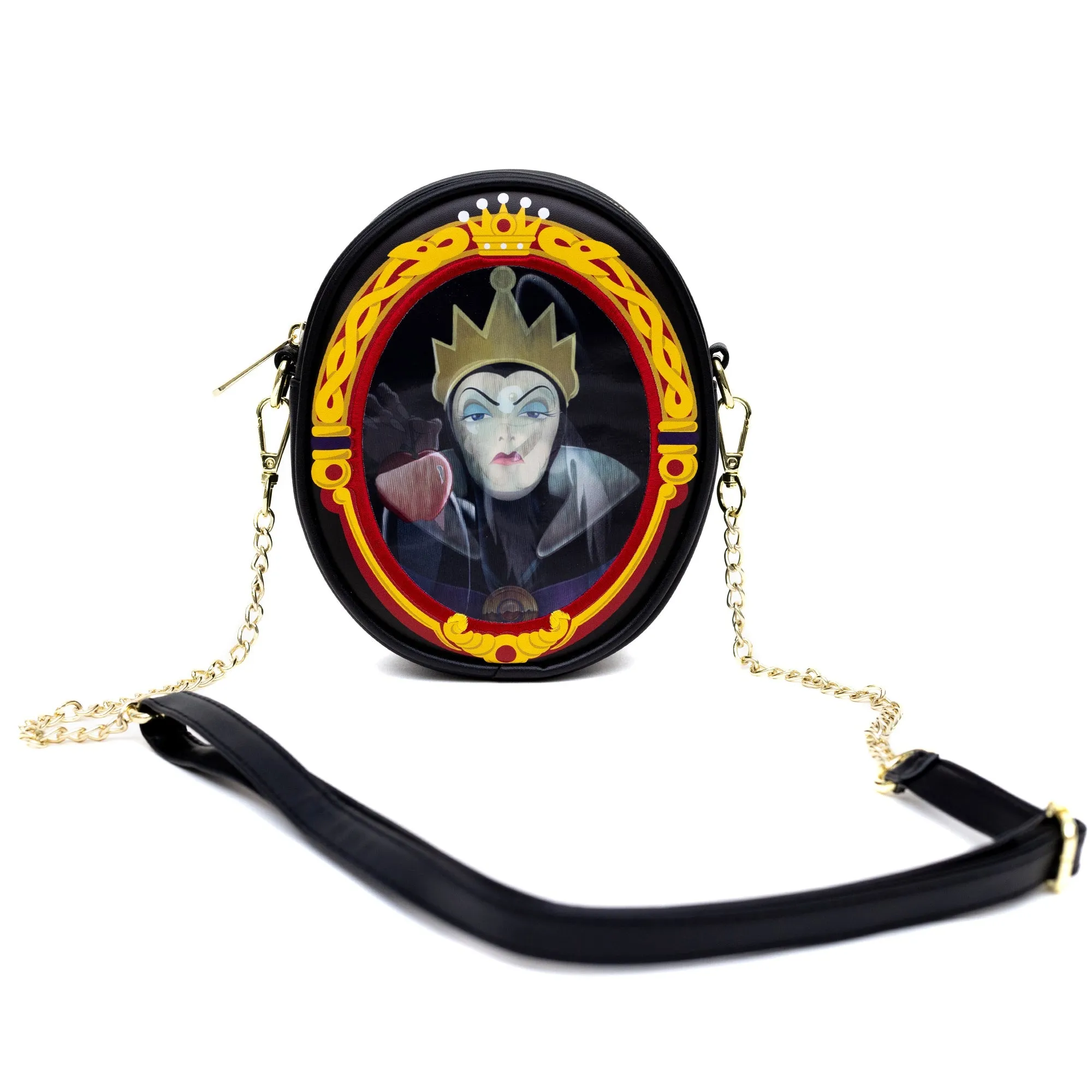 Disney Bag, Oval Crossbody, Snow White Old Hag and Evil Queen Villains Lenticular Portrait, Black, Vegan Leather by Buckle-Down