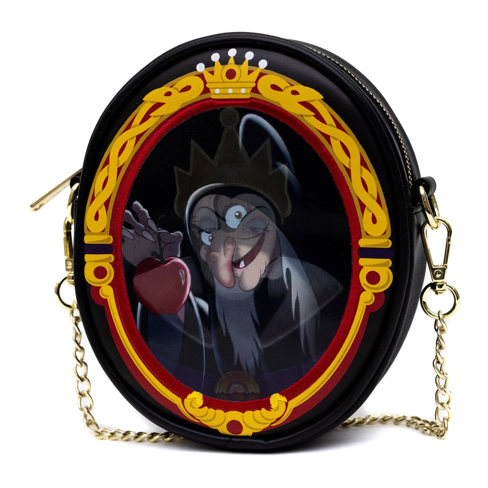 Disney Bag, Oval Crossbody, Snow White Old Hag and Evil Queen Villains Lenticular Portrait, Black, Vegan Leather by Buckle-Down