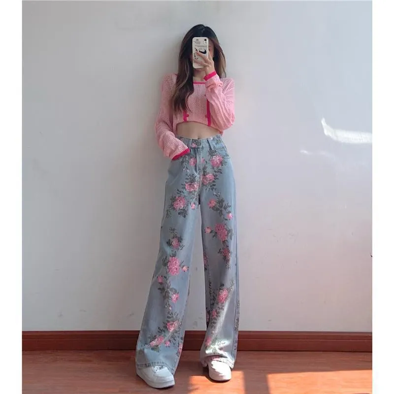 Fashionkova dream clothes Sweet Retro Printed Jeans for Women New Design Sense Niche Loose High Waist Slimming Hot Girl Straight Wide Leg Pants