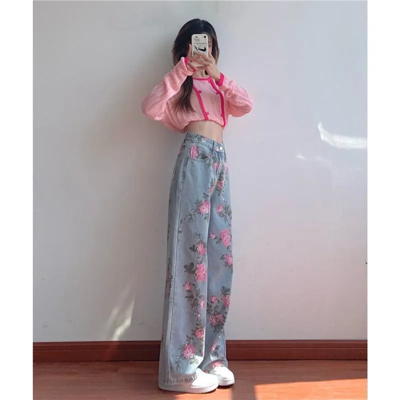 Fashionkova dream clothes Sweet Retro Printed Jeans for Women New Design Sense Niche Loose High Waist Slimming Hot Girl Straight Wide Leg Pants