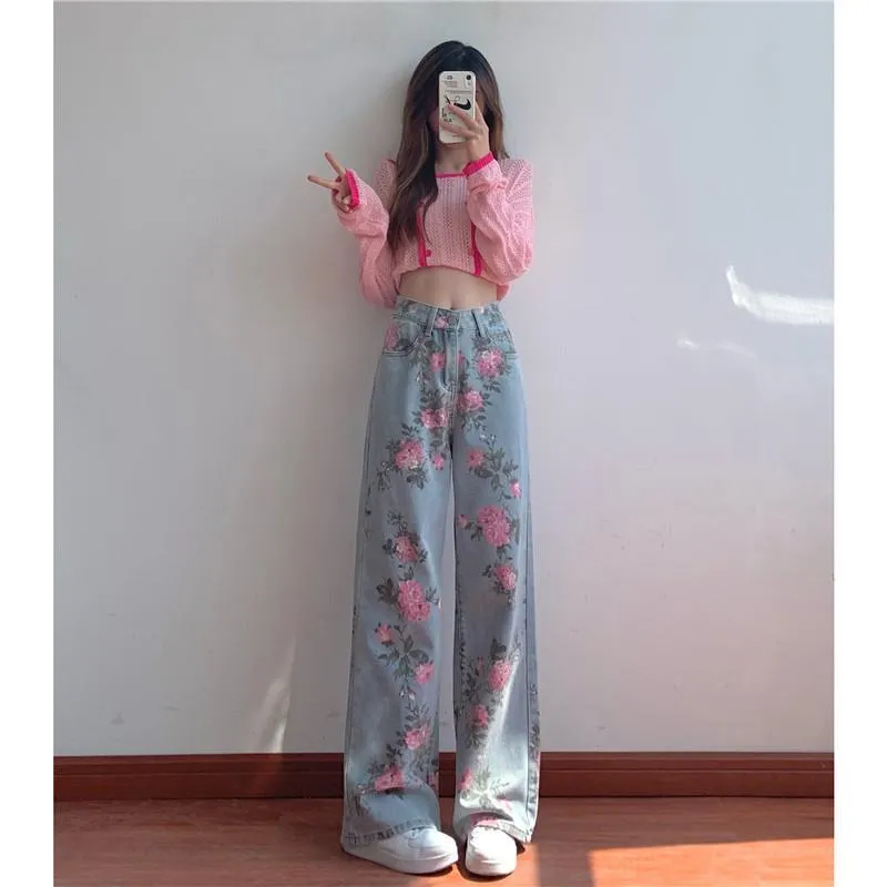 Fashionkova dream clothes Sweet Retro Printed Jeans for Women New Design Sense Niche Loose High Waist Slimming Hot Girl Straight Wide Leg Pants