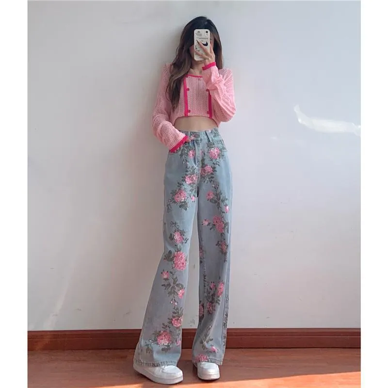 Fashionkova dream clothes Sweet Retro Printed Jeans for Women New Design Sense Niche Loose High Waist Slimming Hot Girl Straight Wide Leg Pants