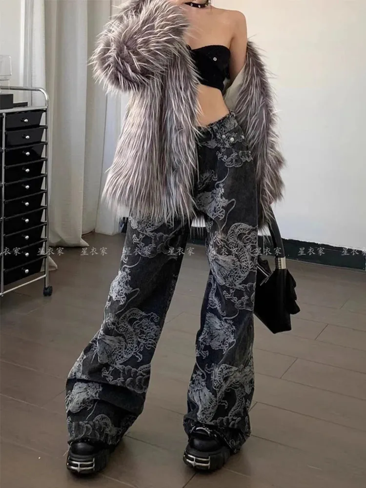 Fashionkova Women Black Gothic Dragon Print Jeans Baggy Vintage Aesthetic Cowboy Pants Harajuku Denim Trousers Y2k Trashy 2000s Clothes 2024