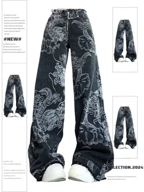 Fashionkova Women Black Gothic Dragon Print Jeans Baggy Vintage Aesthetic Cowboy Pants Harajuku Denim Trousers Y2k Trashy 2000s Clothes 2024