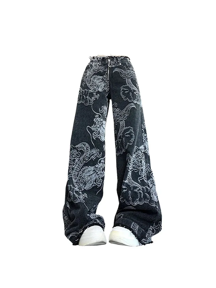 Fashionkova Women Black Gothic Dragon Print Jeans Baggy Vintage Aesthetic Cowboy Pants Harajuku Denim Trousers Y2k Trashy 2000s Clothes 2024