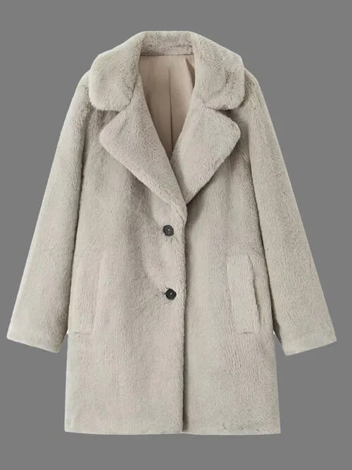 Faux Fur Button Up Lapel Neck Coat with Pocket