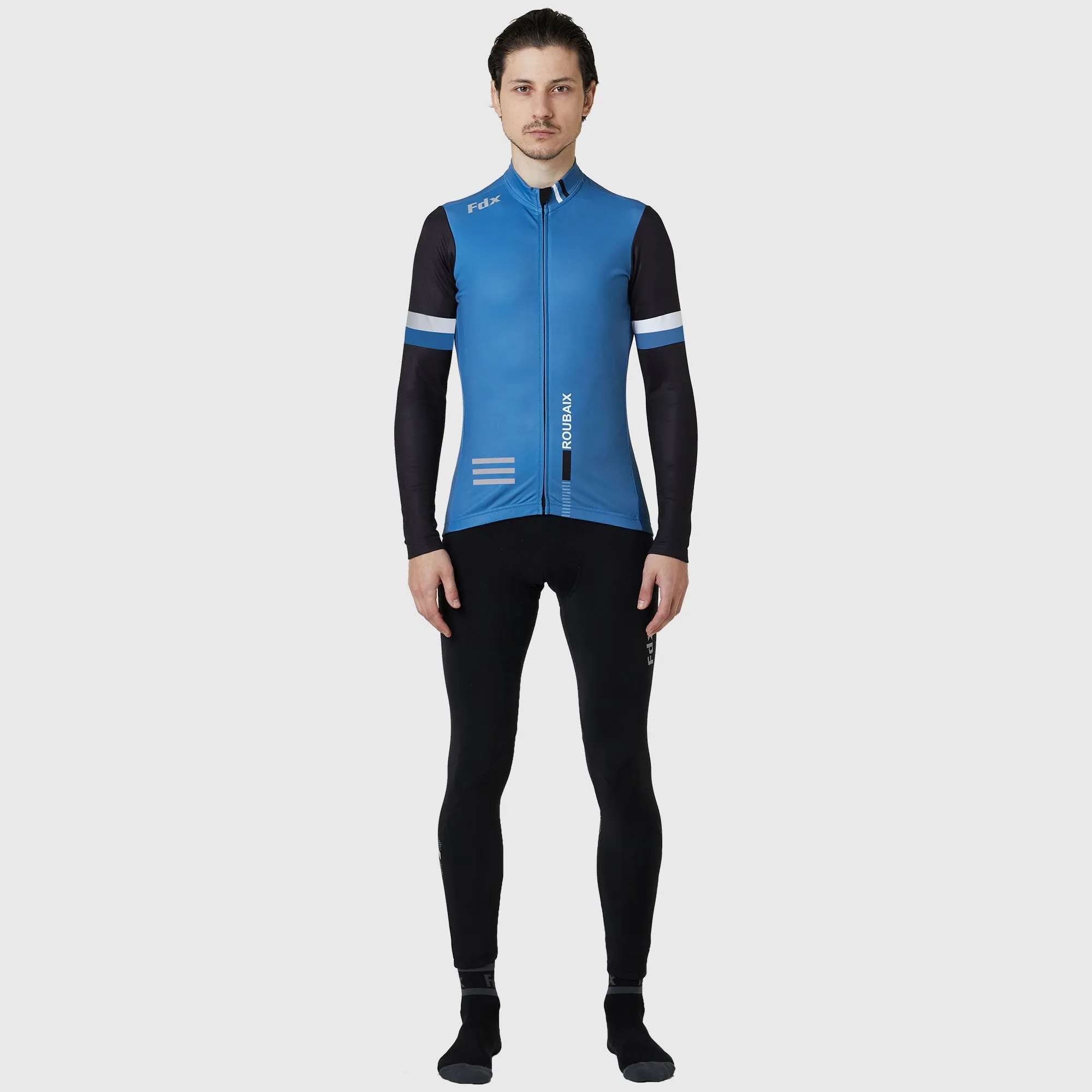 Fdx Men's & Boy's Set Limited Edition Thermal Roubaix Long Sleeve Cycling Jersey & Bib Tights - Blue