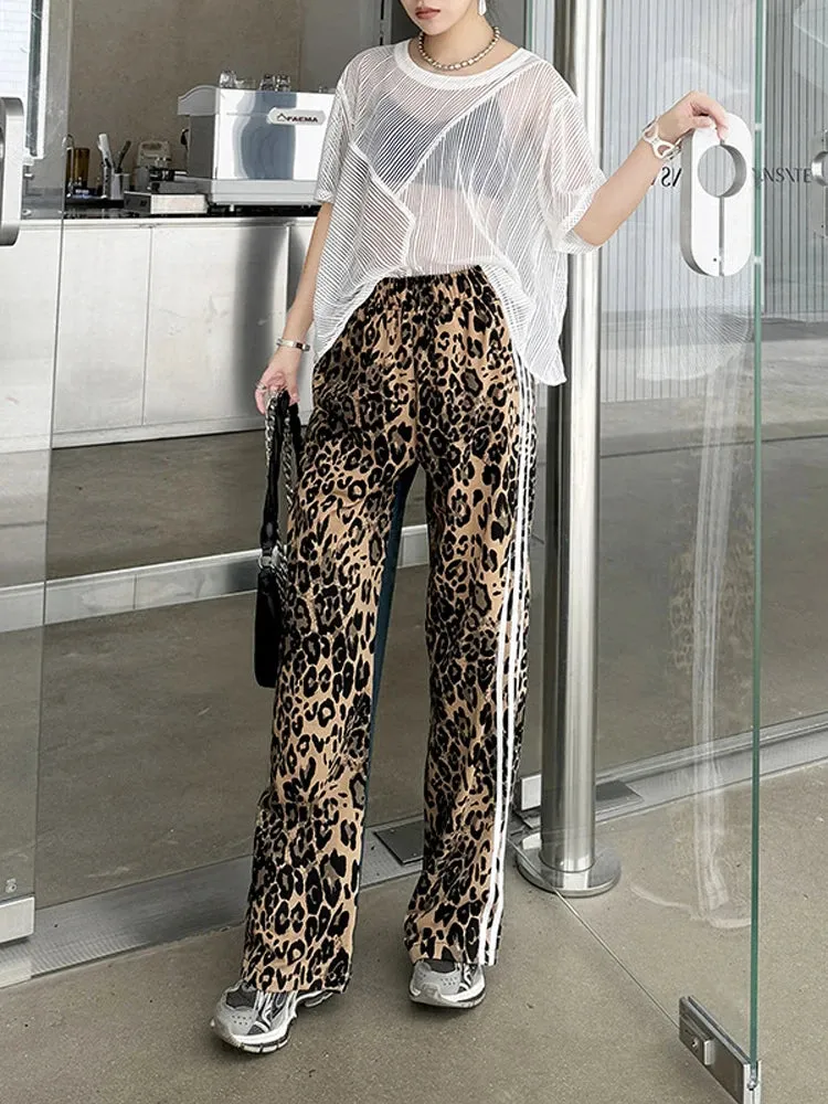 Girlary 2024 Summer New European American Personality Patchwork leopard Woman Jeans Loose Plus size Elastic Waist Denim Trousers