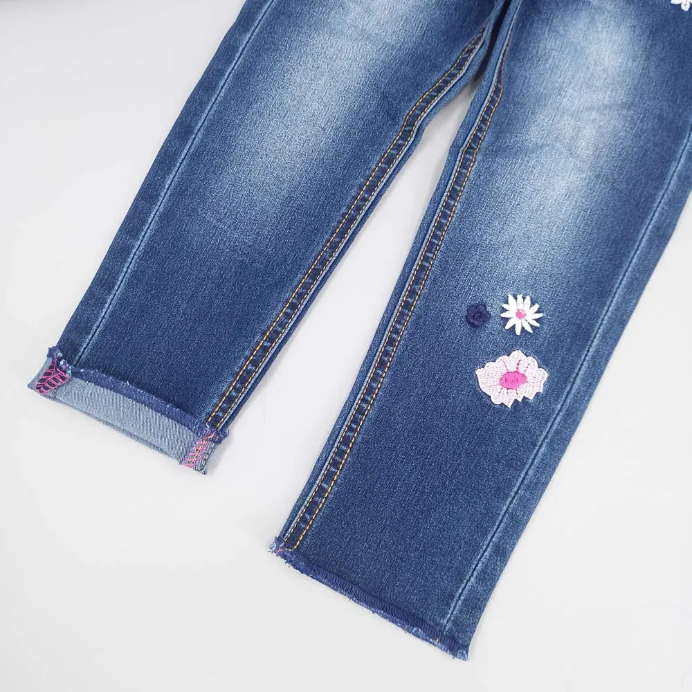 Girls Embroiderd Flower Decor Slim Jeans Pants