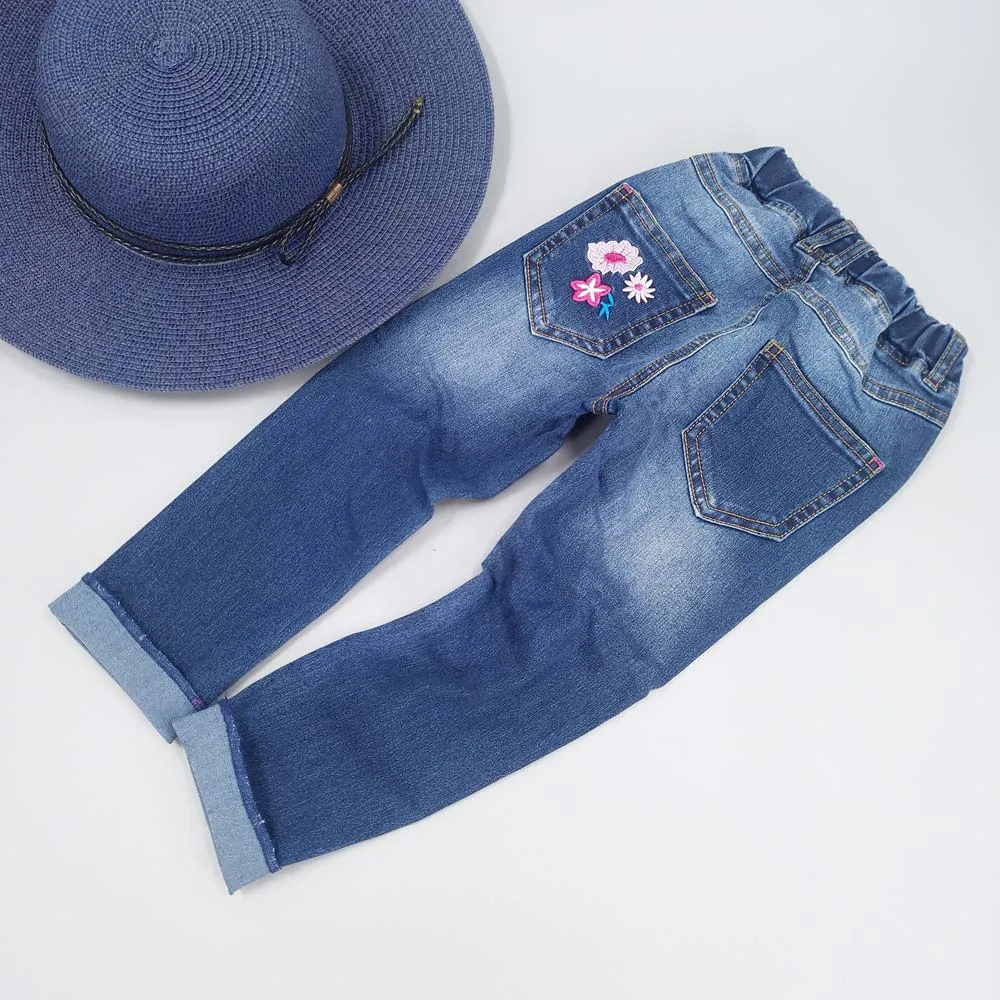 Girls Embroiderd Flower Decor Slim Jeans Pants