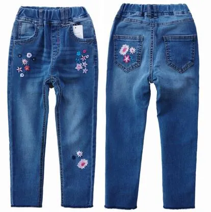 Girls Embroiderd Flower Decor Slim Jeans Pants