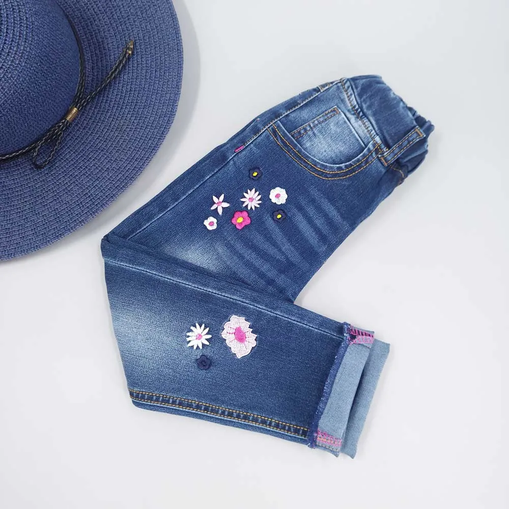 Girls Embroiderd Flower Decor Slim Jeans Pants